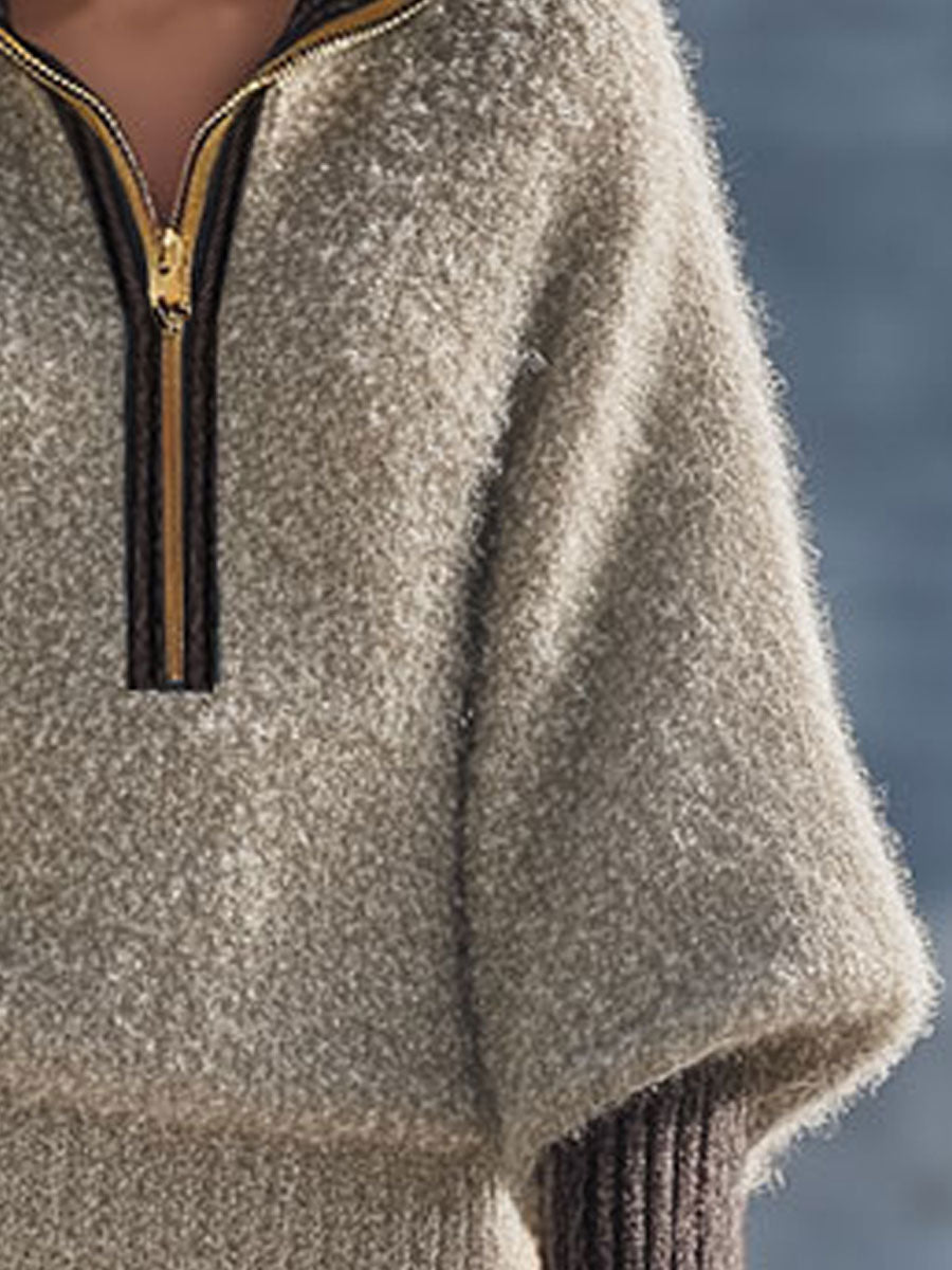 Vintage Kaki Mohair Zip-Up Sweater