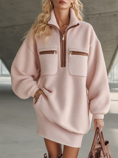 Robe Mini en Polaire Rose avec Détails Rétro en Similicuir Marron