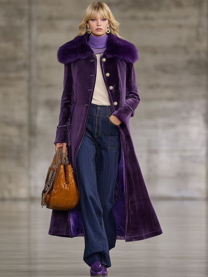 Veste Longue en Velours Côtelé Violet Rétro avec Col en Fourrure Synthétique