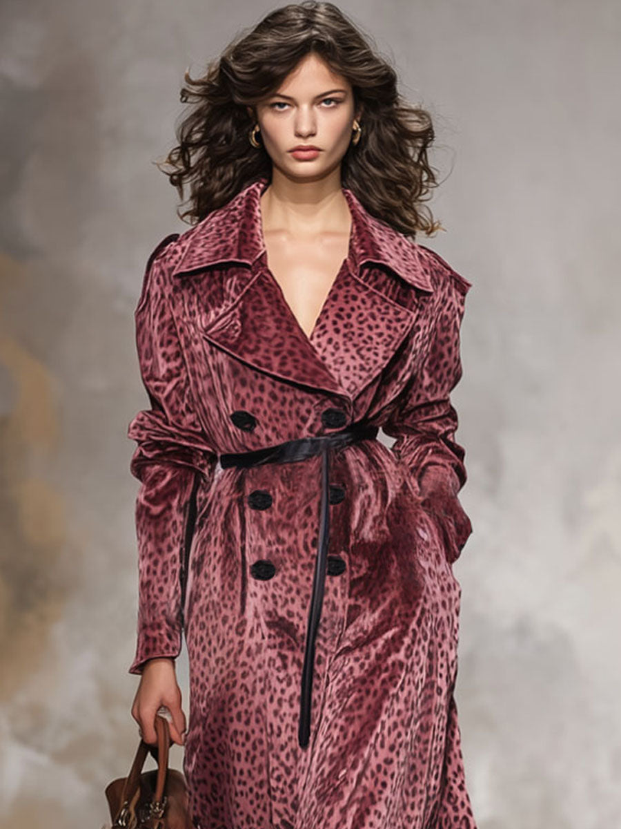 Long Velvet Leopard Print Coat with Double Breasted Design, Dual Pockets, and Relaxed Fit