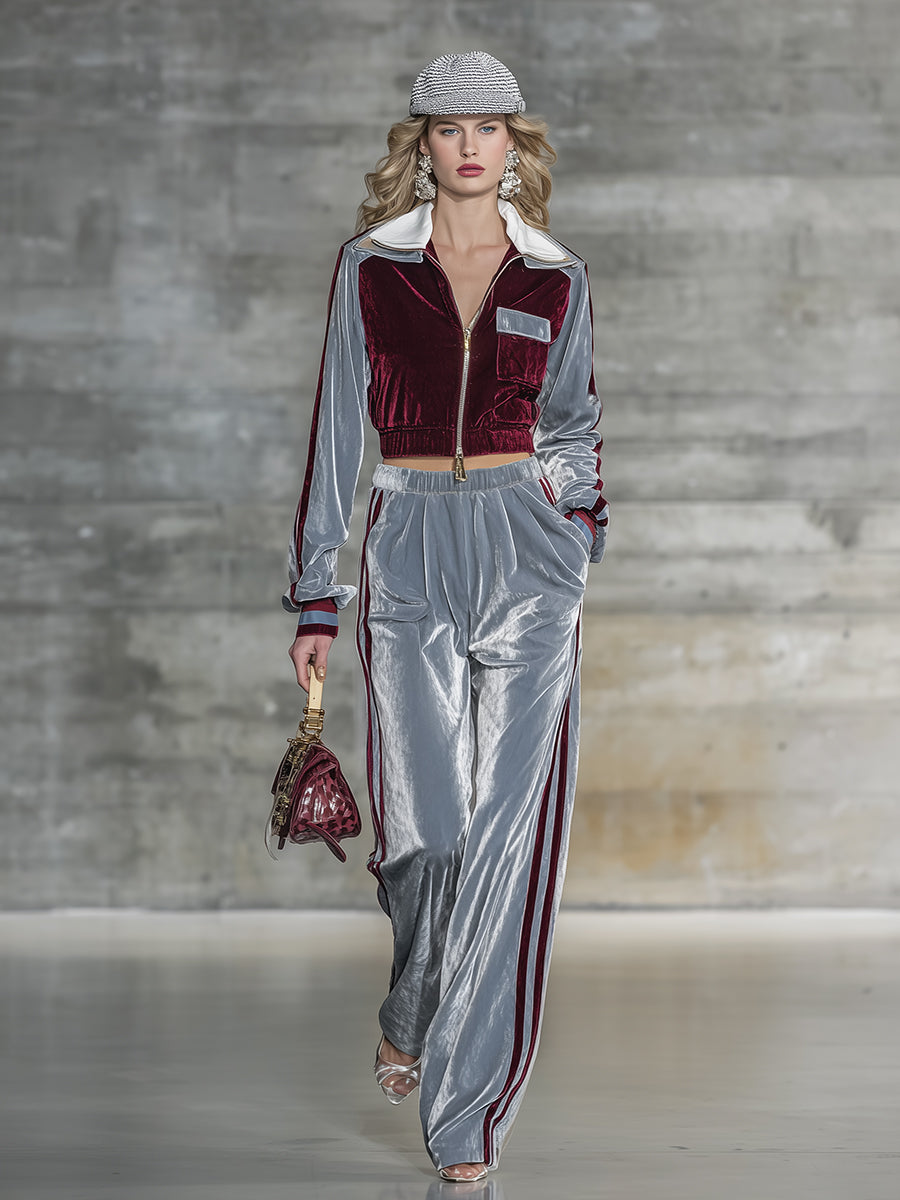 Veste en Velours Chic à Contraste Élégant avec Pantalon à Jambes Larges