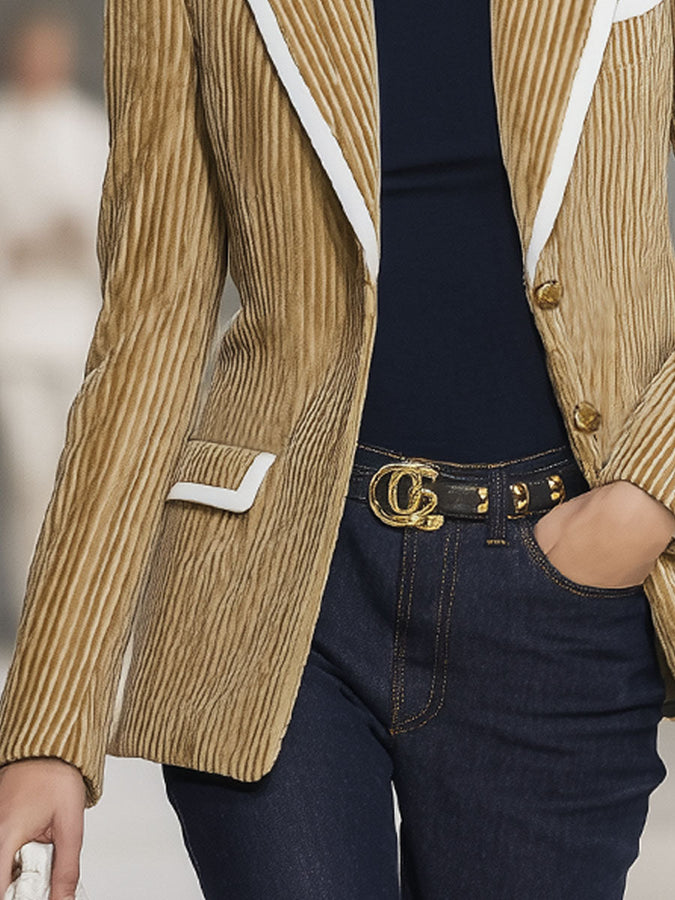 Élégant Blazer en Velours Rayé avec Détails Contrastants