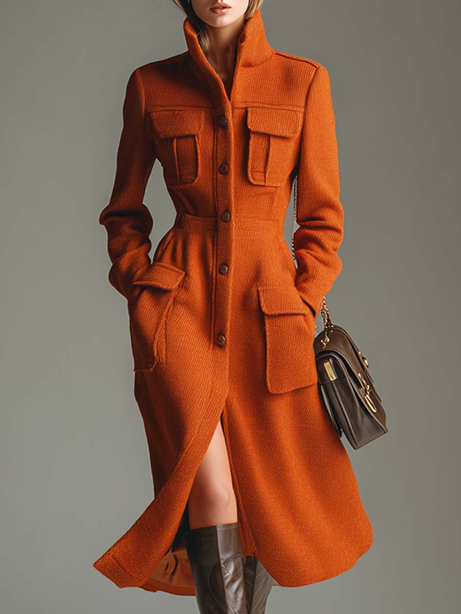 Veste Urbaine Élégante Mi-Longue à Col Montant et Poches Orange