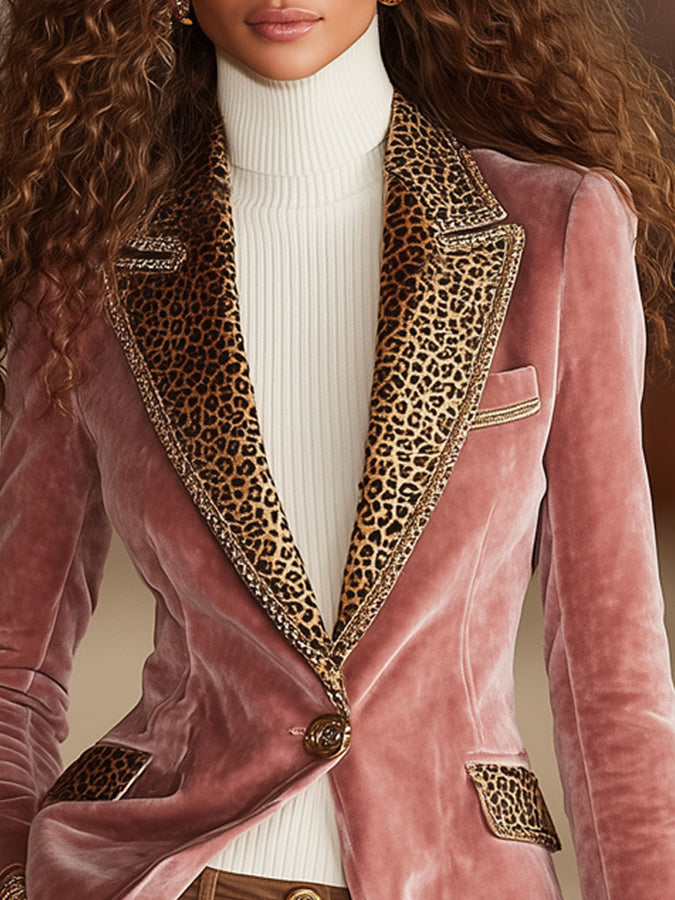 Veste en Velours Rose avec Détails en Imprimé Léopard et Fermeture à Un Bouton