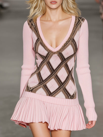 Robe Mini Tricotée à Col V avec Motif Diamant Rétro Chic