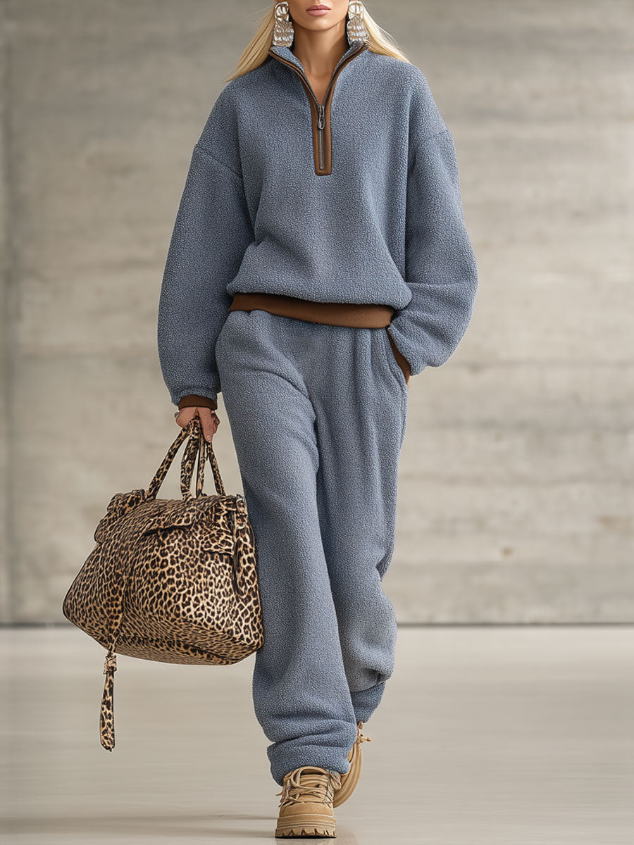 Ensemble Fleece Polaire Bleu avec Détails Marron Rétro : Sweatshirt et Pantalon Zippé