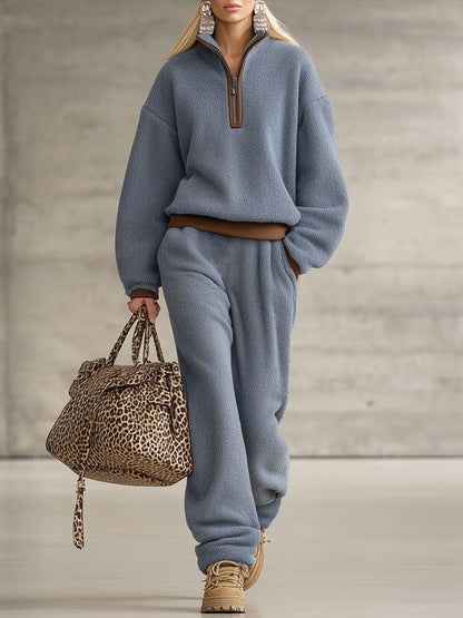 Ensemble Fleece Polaire Bleu avec Détails Marron Rétro : Sweatshirt et Pantalon Zippé