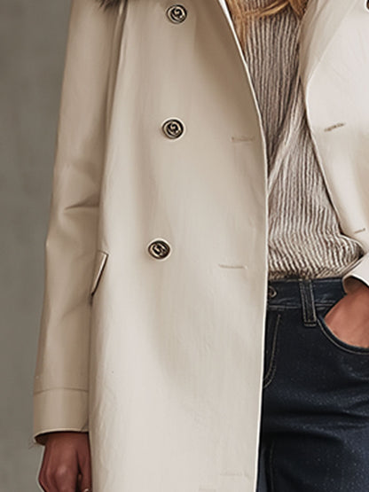 Trench mi-long crème avec col en fourrure luxe
