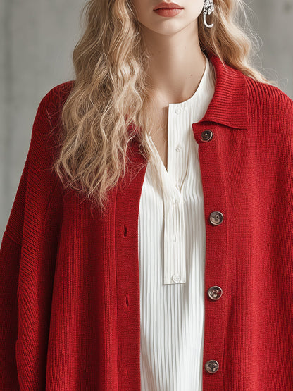 Élégant Cardigan Rouge Tricoté avec Col