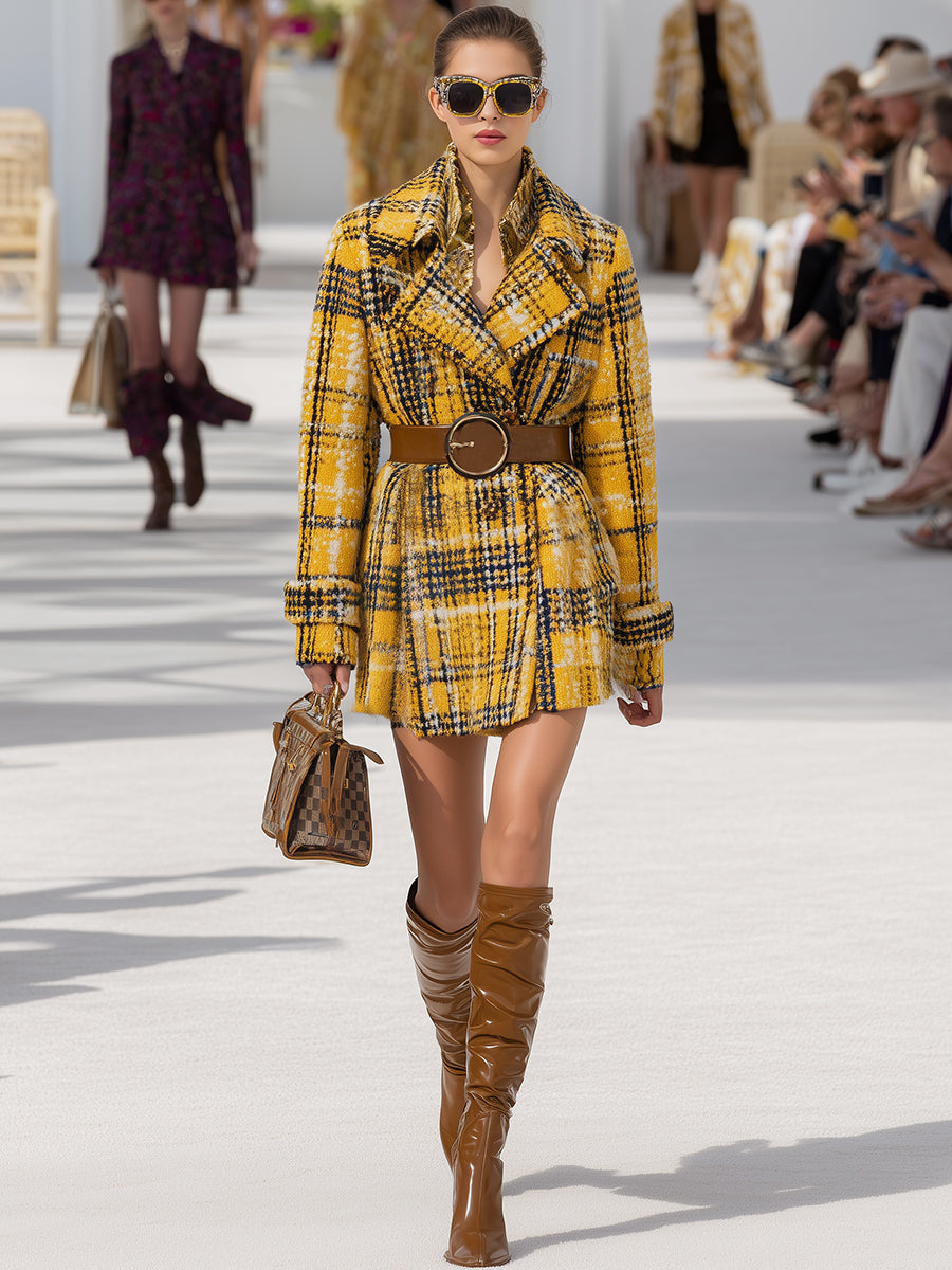 Veste mi-longue à motifs tartan jaune vintage