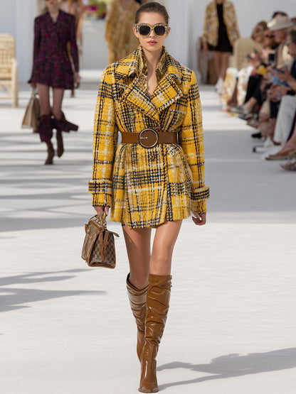 Veste mi-longue à motifs tartan jaune vintage