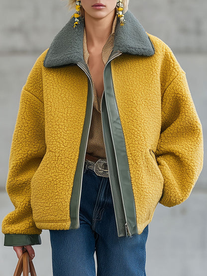 Veste Polaire Jaune au Style Nomade Urbain avec Détails en PU - Chic Rétro