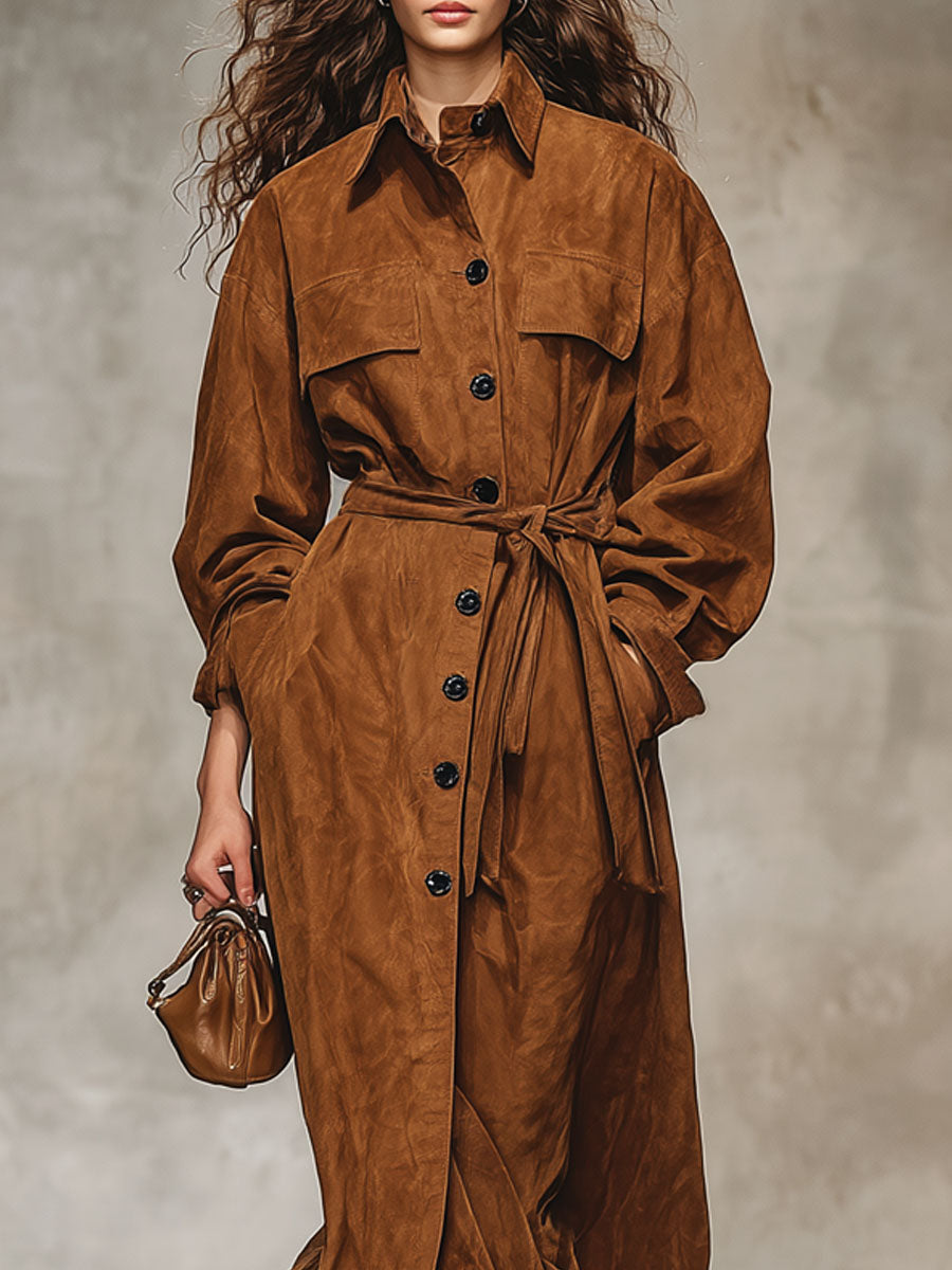 Trench en faux suède à lacets - Style ample avec poches pratiques
