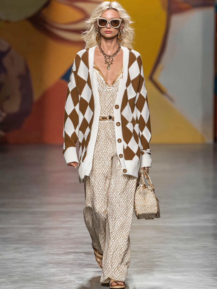 Cardigan Vintage Chic à Motif Losange en Brun et Blanc