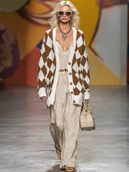 Cardigan Vintage Chic à Motif Losange en Brun et Blanc