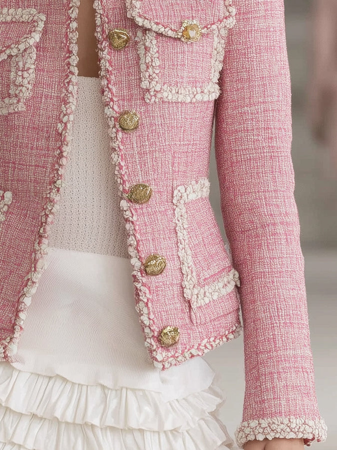 Veste en Tweed Rose Chic avec Détails Blancs