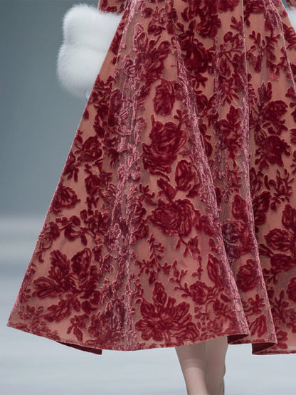 Robe Midi en Velours Dévoré Rose avec Col Carré en Fourrure Luxueuse