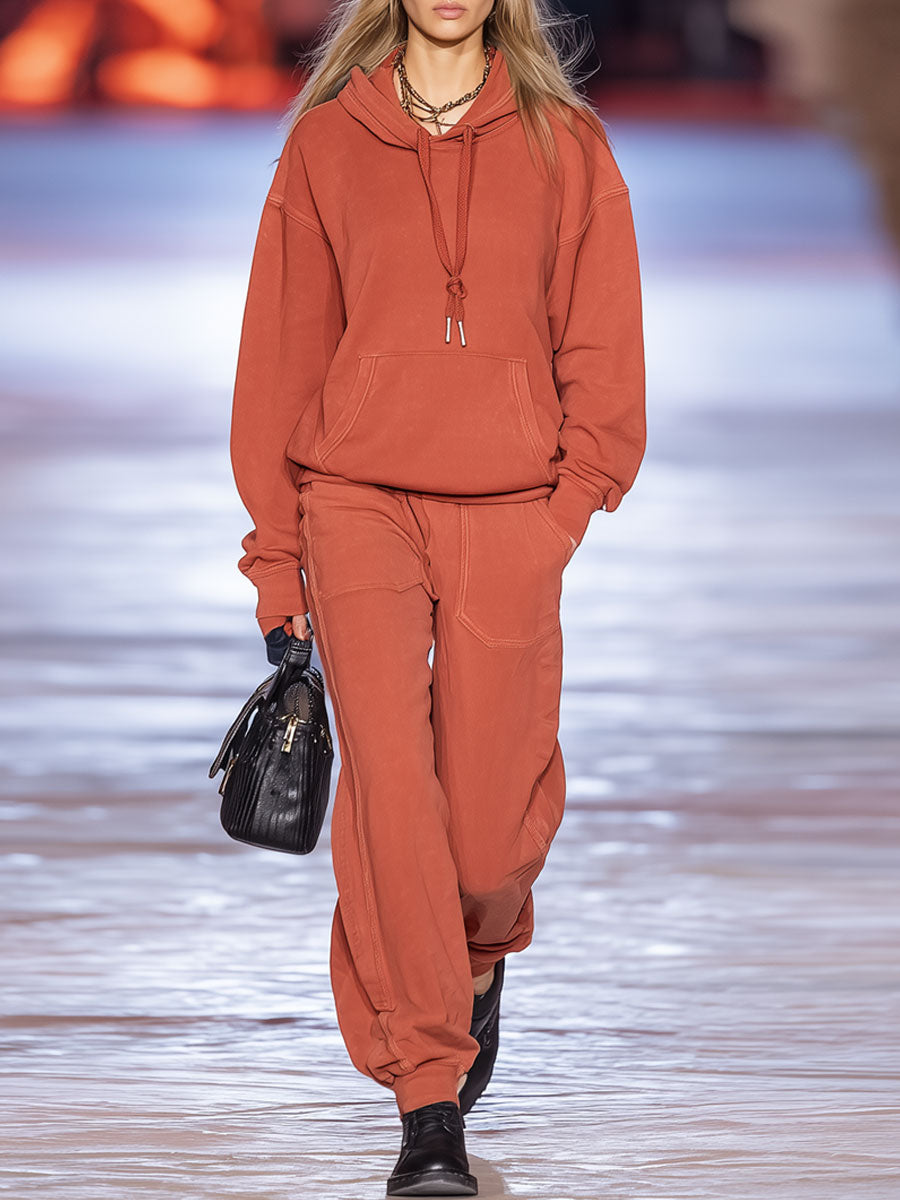 Ensemble de Sport Décontracté Orange Rétro avec Sweat à Capuche à Manches Longues