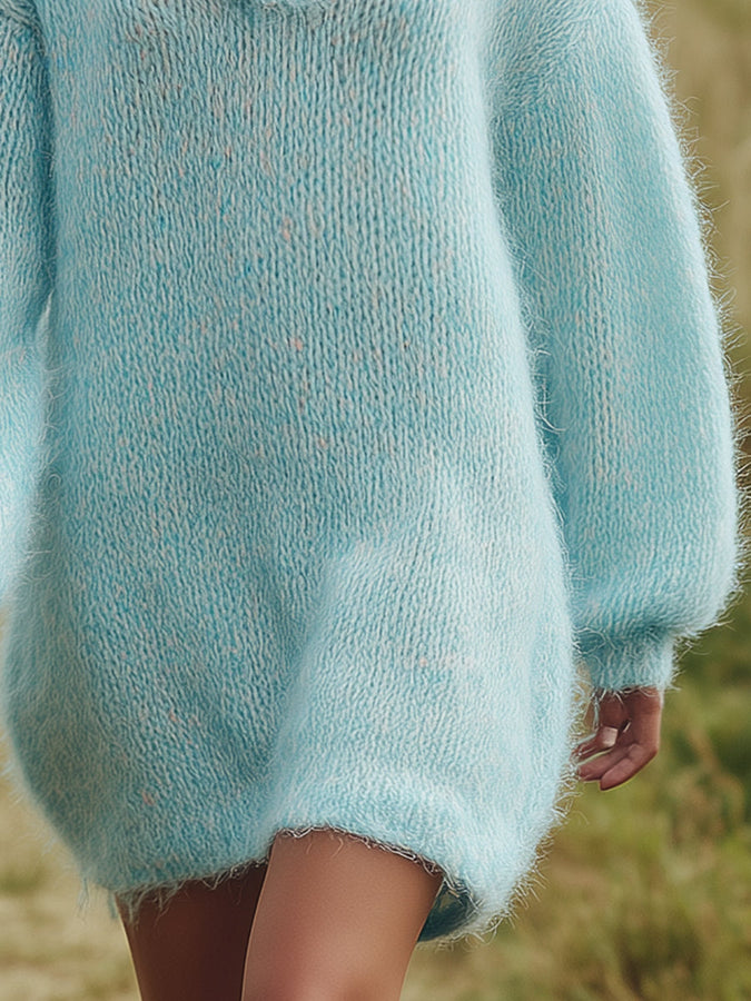 Robe Mini Tricotée Légère à Capuche en Bleu Décontracté