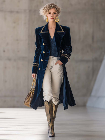 Veste en Velours Bleu Foncé avec Revers Ample et Boutons Dorés au Style Western Rétro