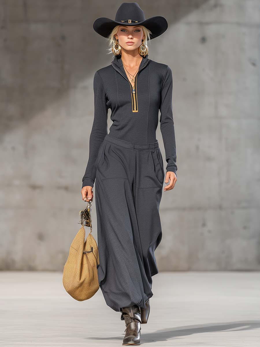 Ensemble Sportif Rétro en Gris Foncé avec Col Mi-Haut, Zip Avant et Pantalons Amples