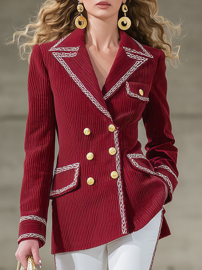 Blazer en velours côtelé décontracté à double boutonnage avec bord contrasté