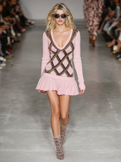 Robe Mini Tricotée à Col V avec Motif Diamant Rétro Chic