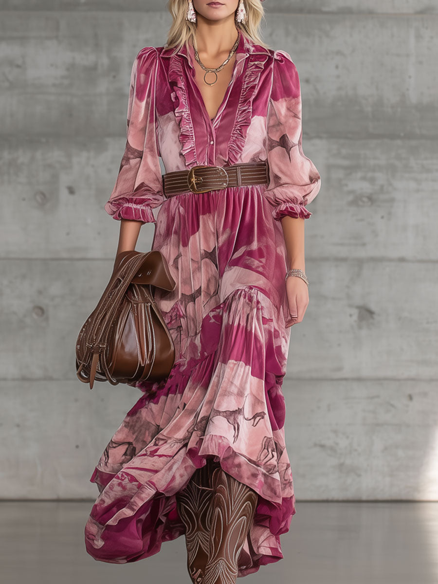 Robe Maxi en Velours Rose avec Imprimé de Cerf Sika - Élégance Rétro au Style Nomade Urbain