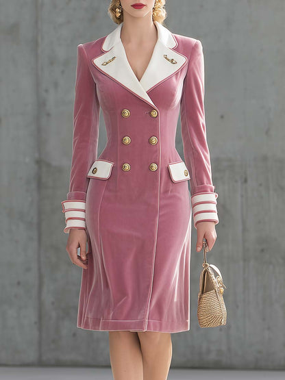 Robe Midi en Velours Rose Pâle avec Revers Contrasté - Élégance Vintage au Double Boutonnage