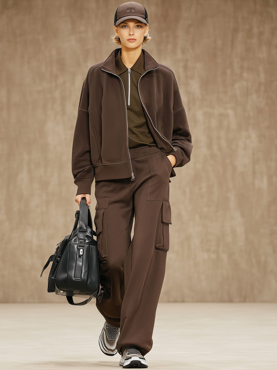 Ensemble Sportif Cocoa Brown : Veste Ample et Pantalons à Poches Multiples
