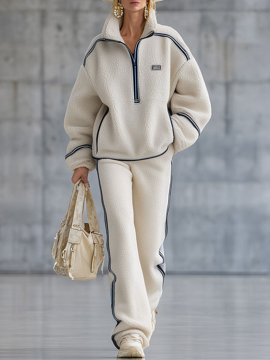 Ensemble Polaire Beige avec Détails Bleus Rétro : Sweatshirt et Pantalon Confort
