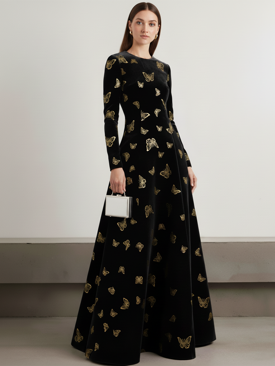 Robe Velours Élégante à Col Rond et Manches Longues, Ornée de Motifs de Papillons Dorés