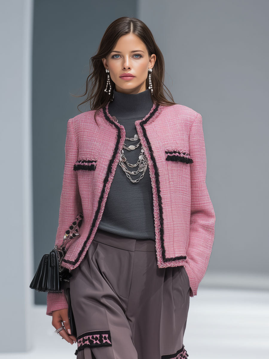 Veste Chic en Tissu Texturé avec Détails en Métal et Col Rond