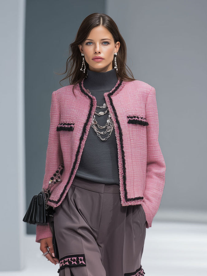 Veste Chic en Tissu Texturé avec Détails en Métal et Col Rond