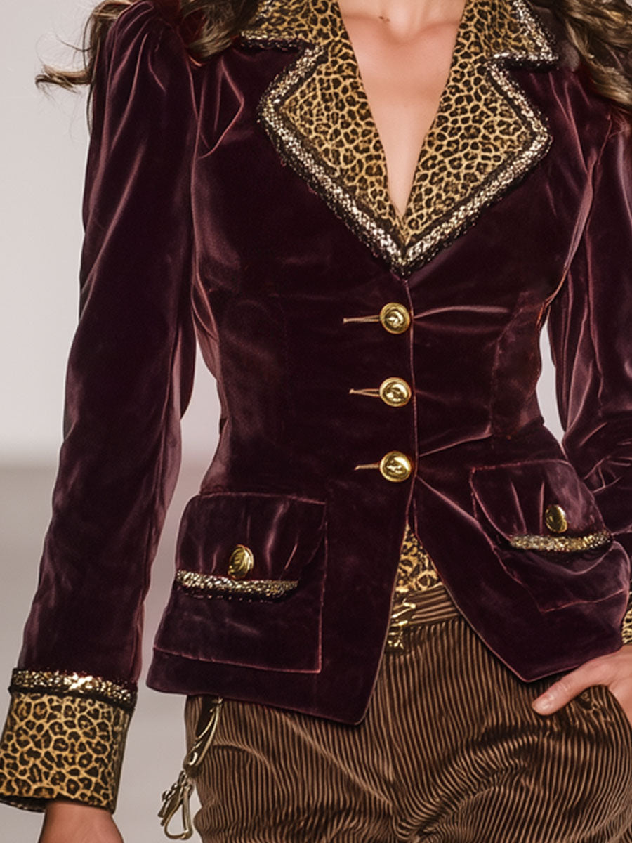 Blazer en velours à motif léopard rétro avec bouton unique