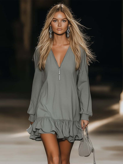 Robe Grise Décontractée Mini à Manches Longues, Col V et Fermeture Éclair - Finition en Ourlet de Lotus