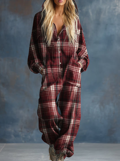Combinaison Rétro à Carreaux Rouges avec Capuche et Boutons