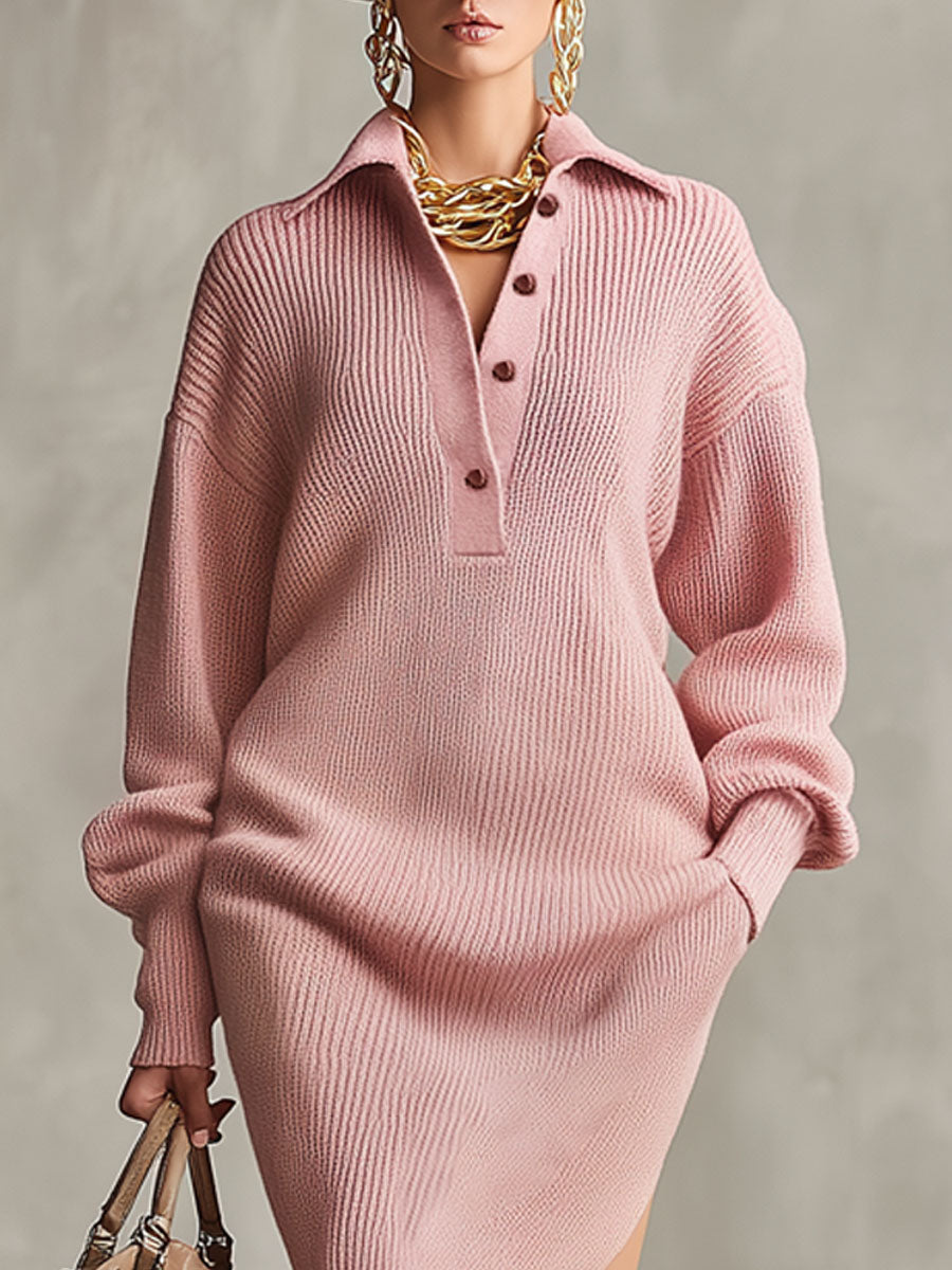 Robe Midi Tricotée avec Col Revers et Fente Latérale, Équipée de Poches Doubles