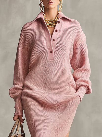 Robe Midi Tricotée avec Col Revers, Ouverture Mi-ouverte, Fente Latérale et Poches Doubles