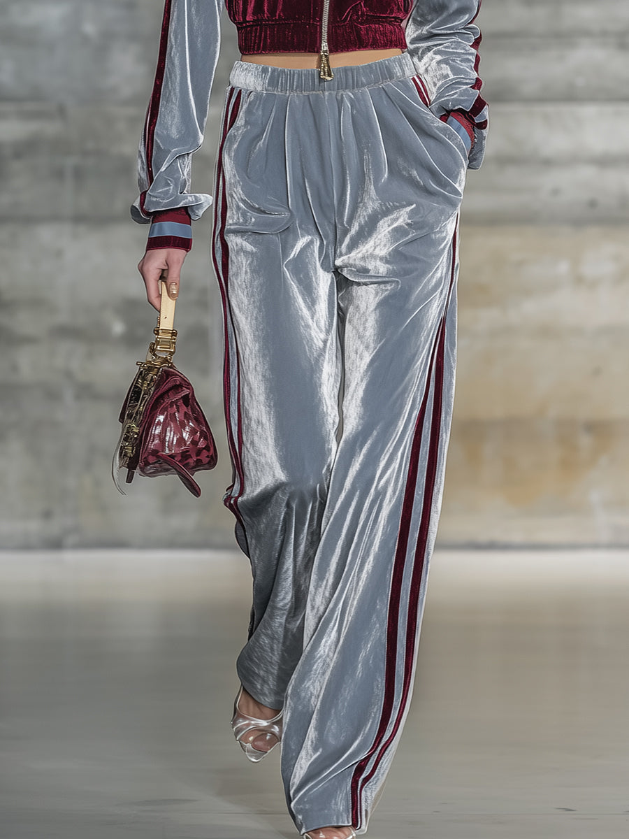 Veste Chic en Velours Bicolore avec Pantalon Ample - Élégance Haut de Gamme
