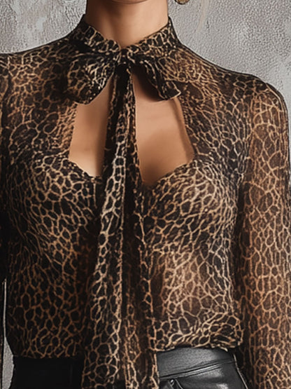 Chemise Rétro à Manches Évasées avec Nœud Papillon Imprimé Léopard Marron