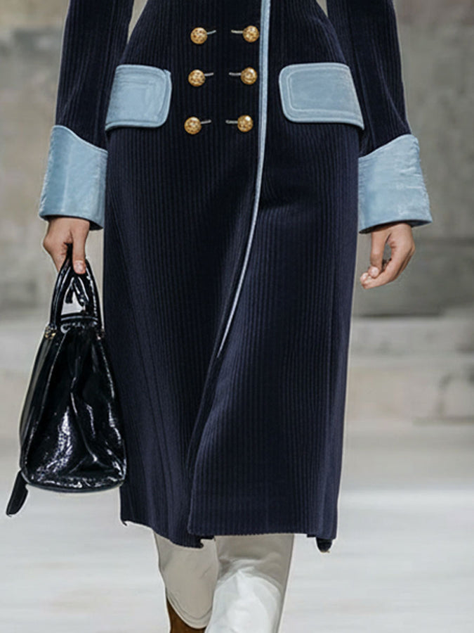 Long Vintage Blue Velvet Coat with Navy Velvet Trim