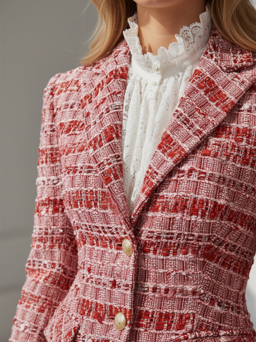 Élégant Blazer Rouge en Tweed : Chic et Raffiné
