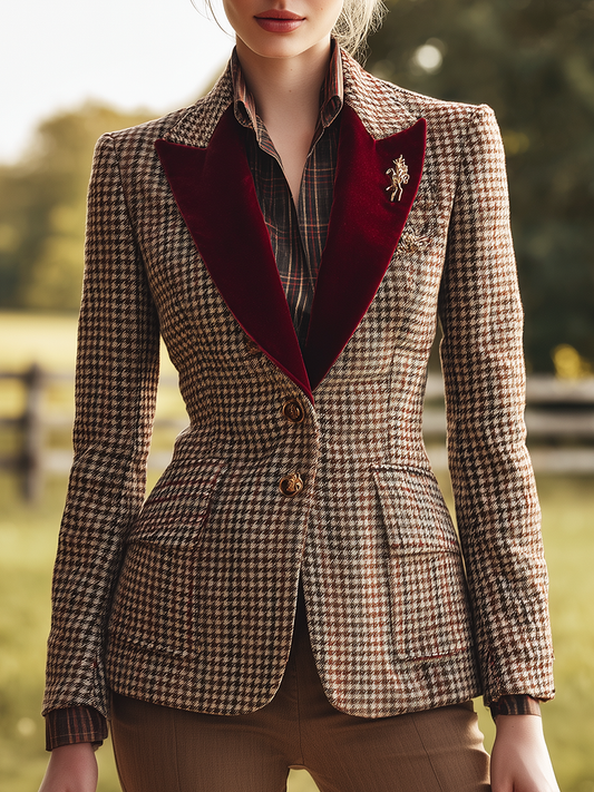 Élégant Blazer en Velours Rétro à Motif Pied-de-Poule avec Bouton Unique