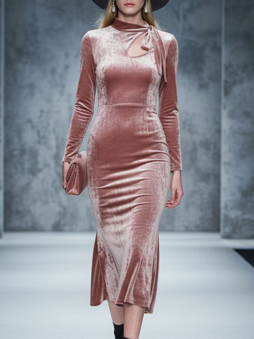 Exquisite Pink Velvet Vintage Midi Dress