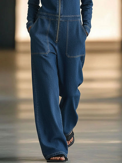 Salopette Denim Rétro Bleu à Manches Longues et Jambes Amples avec Fermeture Éclair
