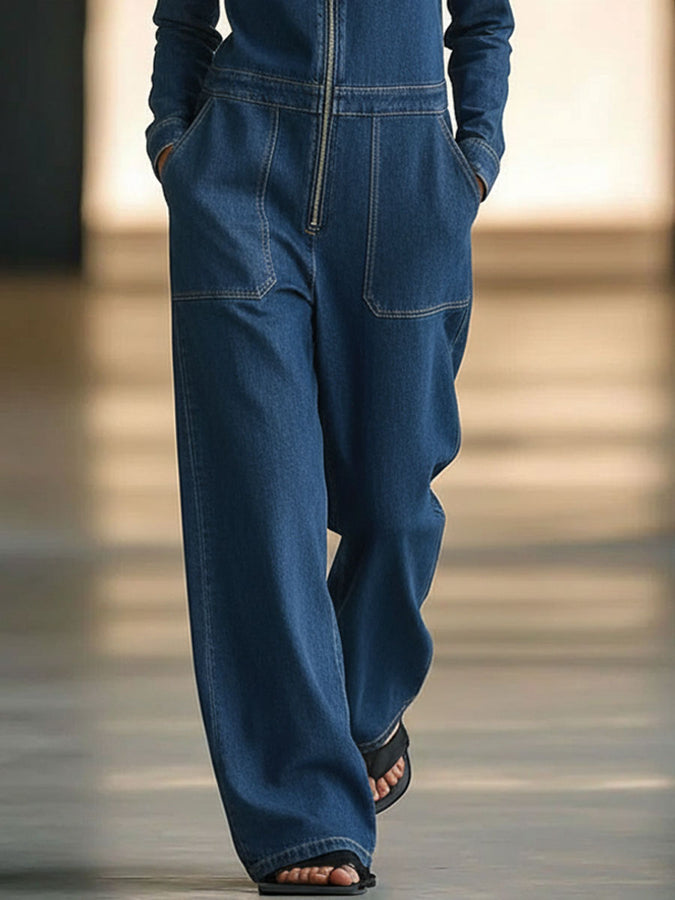 Rétro Denim Blue Jumpsuit with Zipper and Long Sleeves
