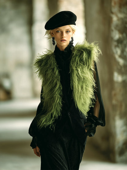 Élégant Gilet en Fausse Fourrure Vert Olive – Chic et Tendance