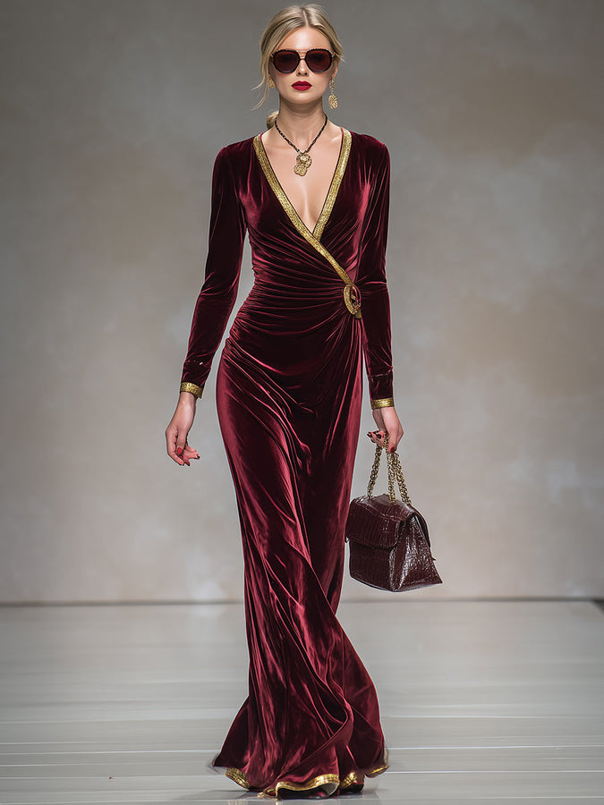 Robe Maxi Bordeaux en Velours avec Éclats Dorés - Élégance et Raffinement