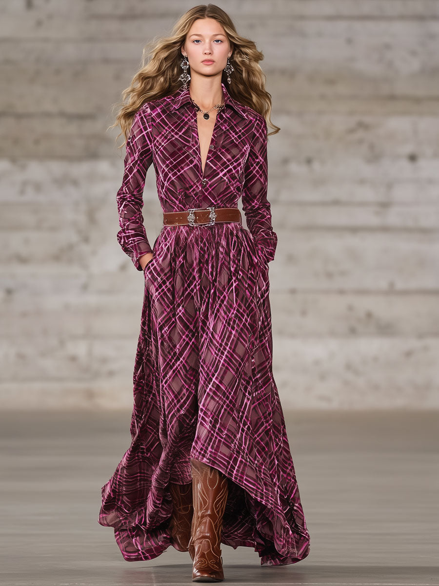 Robe Maxi Longue en Velours Rose à Motif Carreaux Western - Élégance Rétro